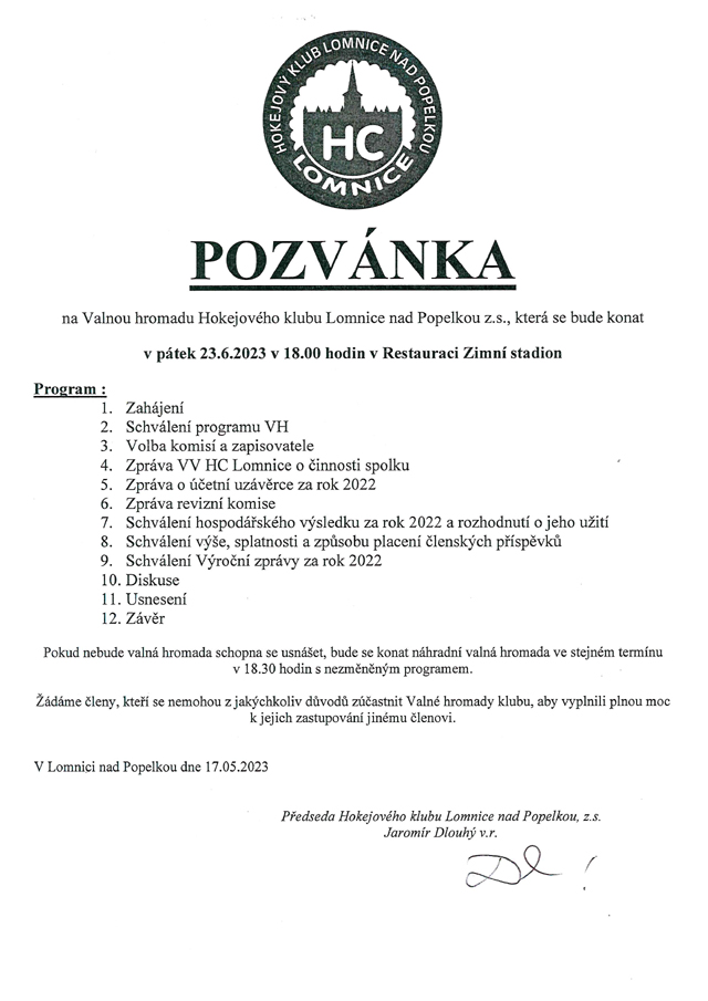 Pozvánka na VH HC Pozvánka na VH HC